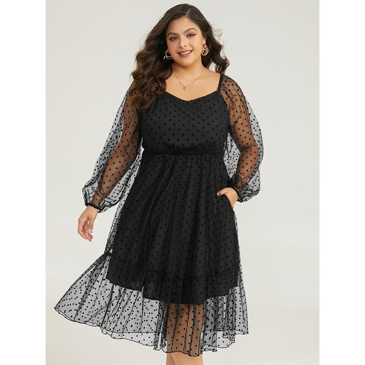 Plus Size Polka Dot Mesh Pocket Square Neck Dress Black Women Elegant Texture Square Neck Long Sleeve Curvy Midi Dress BloomChic 26/4X Product Image