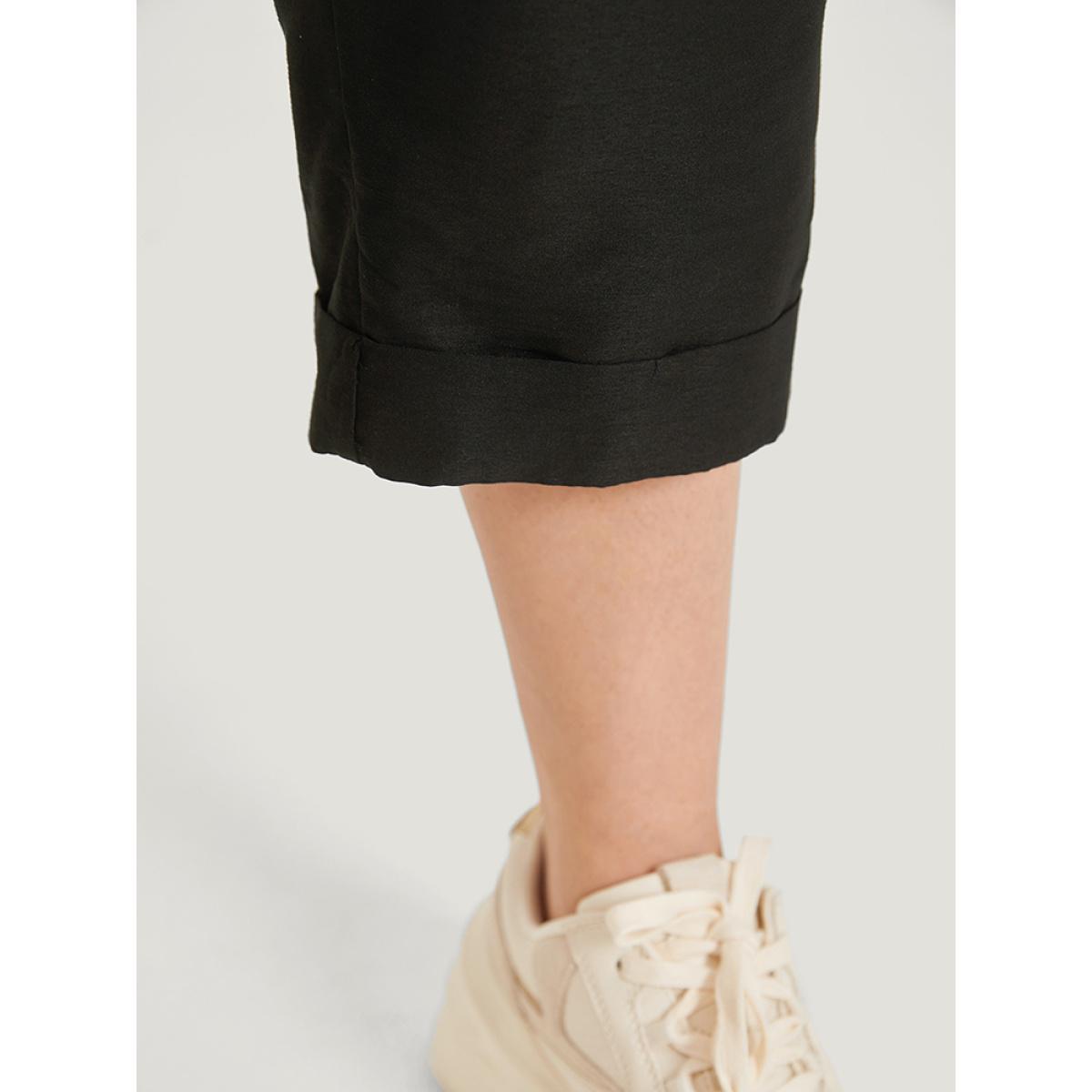 Plus Size Solid Pocket Button Detail Elastic Waist Pants Women Black Casual High Rise Dailywear Pants BloomChic 22-24/3X Product Image