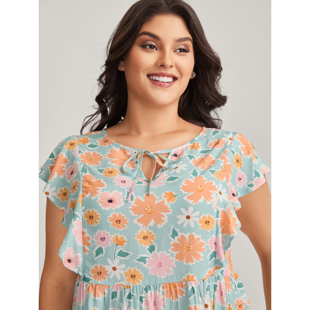 Plus Size Greenbean Floral Print Ruffled Sleeve Blouse Women Cap Sleeve Flat collar with V-notch Everyday-Casual Blouses BloomChic 10/M Product Image