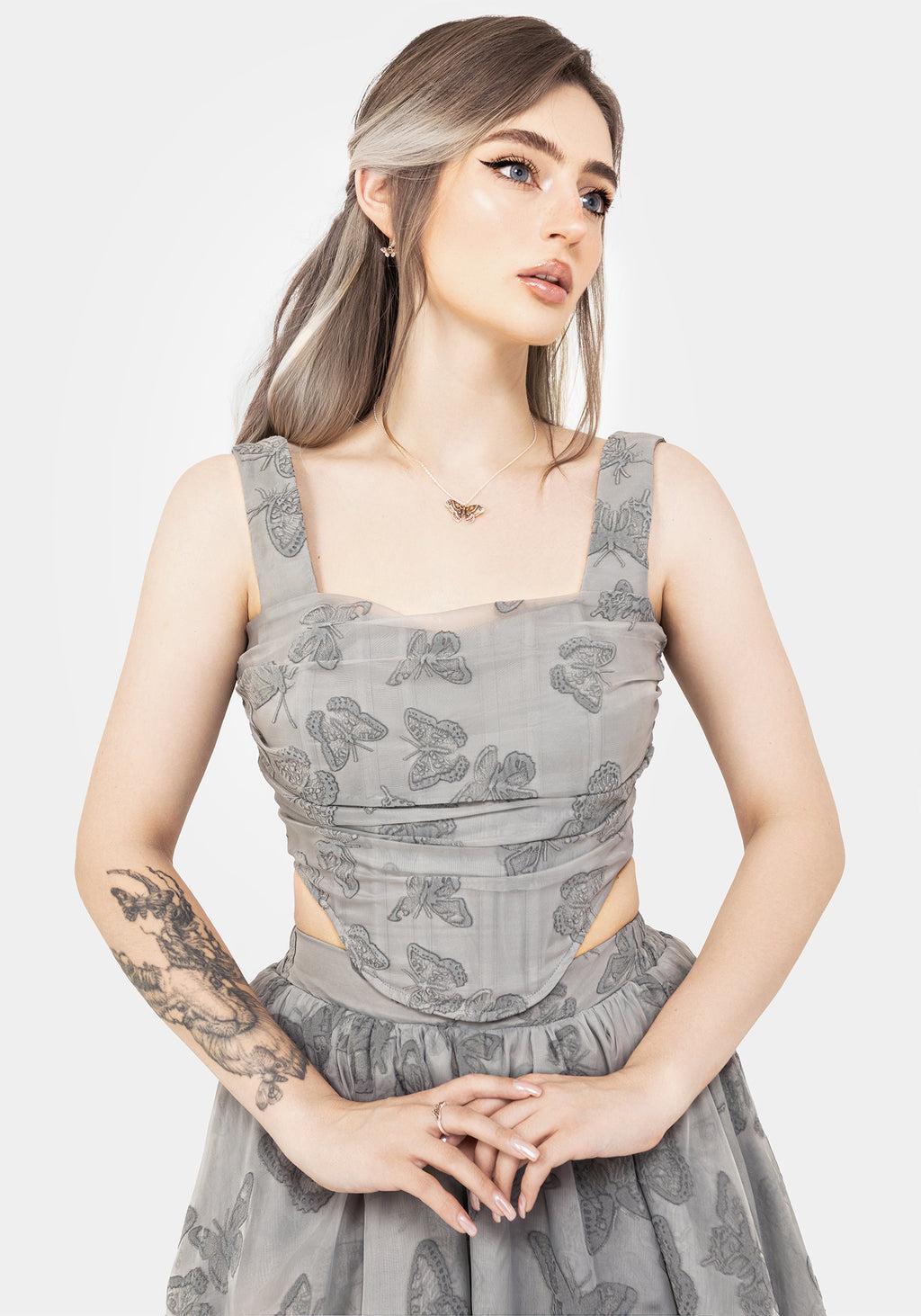 Vanessa Butterfly Print Organza Ruched Bodice Corset Top Product Image