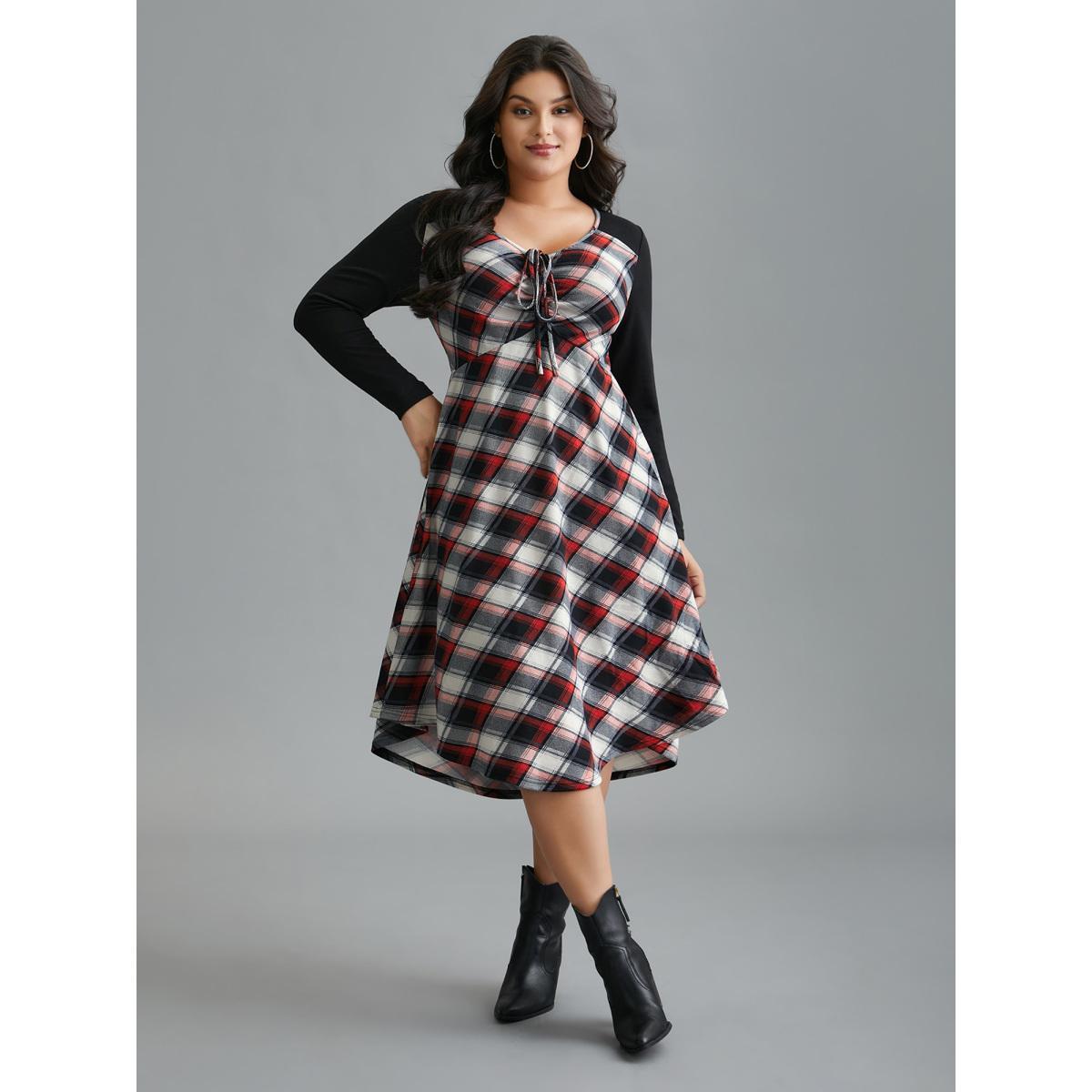 Plus Size Plaid Patchwork Ties Curved Hem Dress BlackFlower Women Casual Patchwork Knit Dresses Bloomchic 18-20/2X Product Image