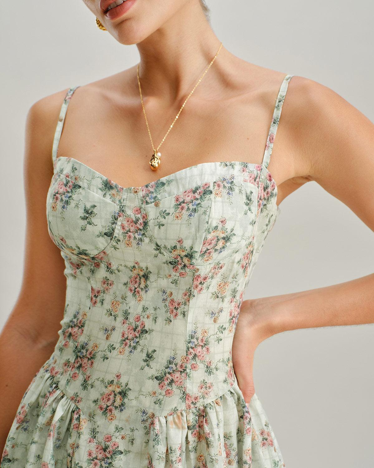 Green Floral Sweetheart Neck Pleated Slip Midi Dress Product Image