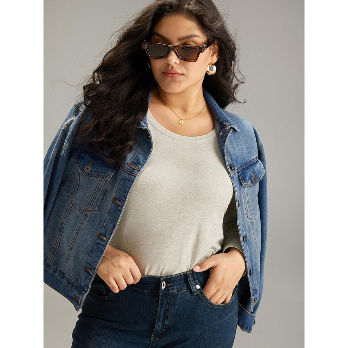 Plus Size Cotton Heather Long Sleeve T-shirt LightGray Women Casual Plain Plain Round Neck Dailywear T-shirts BloomChic 12/L Product Image