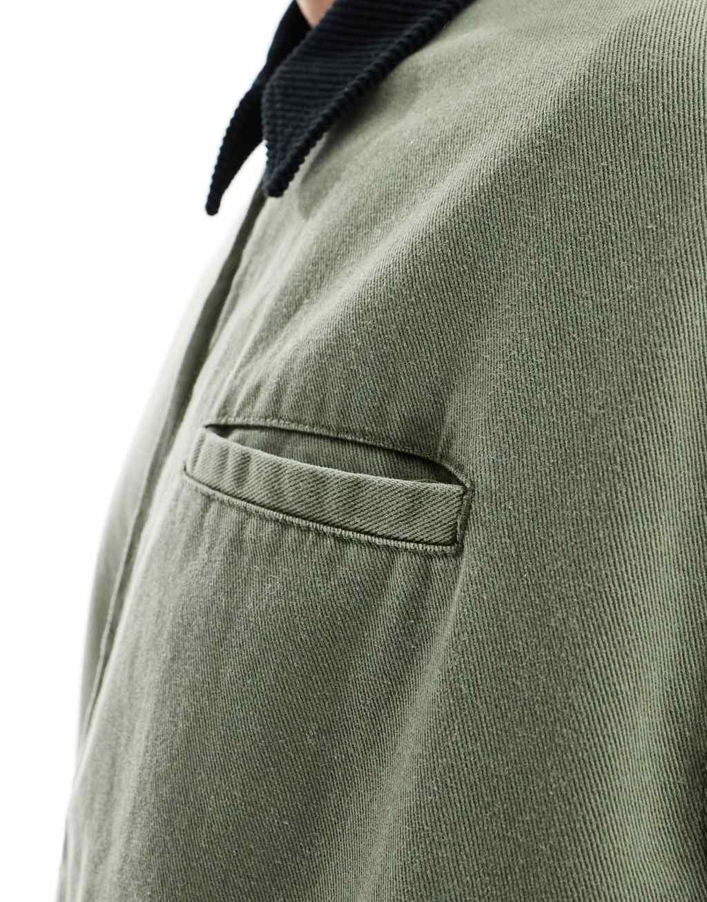 ASOS DESIGN oversized washed harrington jacket with cord collar in khaki Product Image