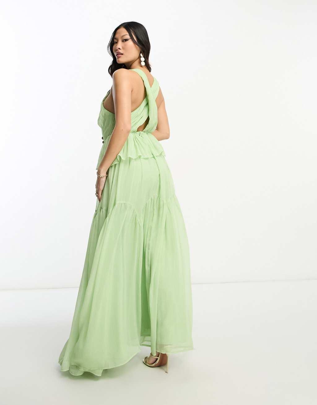 ASOS DESIGN Petite plunge pleated tiered maxi dress Product Image
