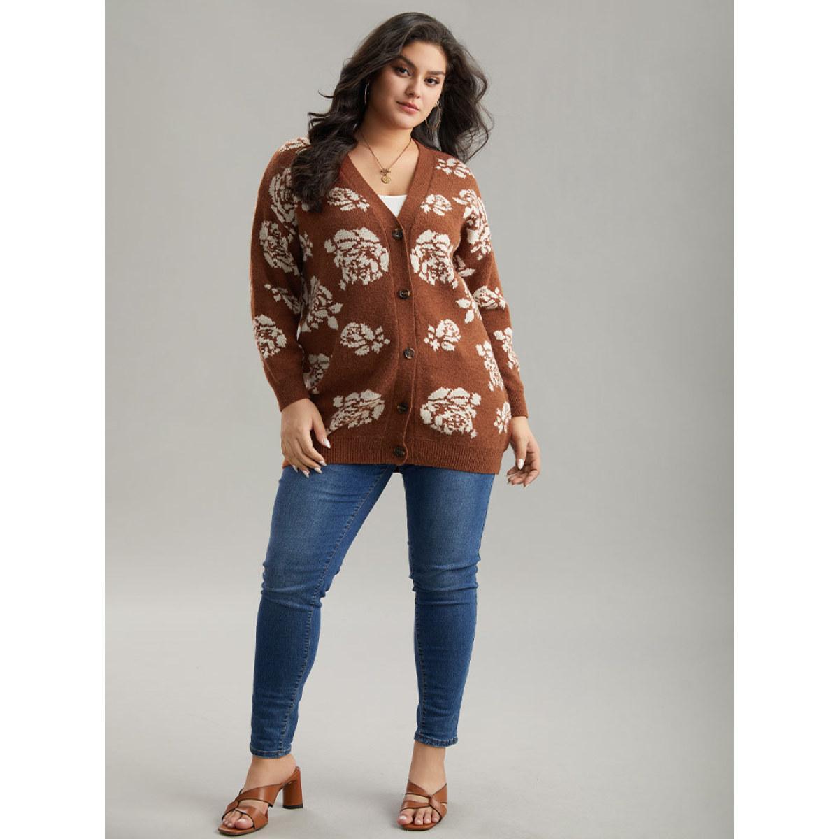 Plus Size Anti-Pilling Floral Print Drop Shoulder Cardigan Chocolate Women Casual Loose Long Sleeve Dailywear Cardigans BloomChic 28/5X Product Image