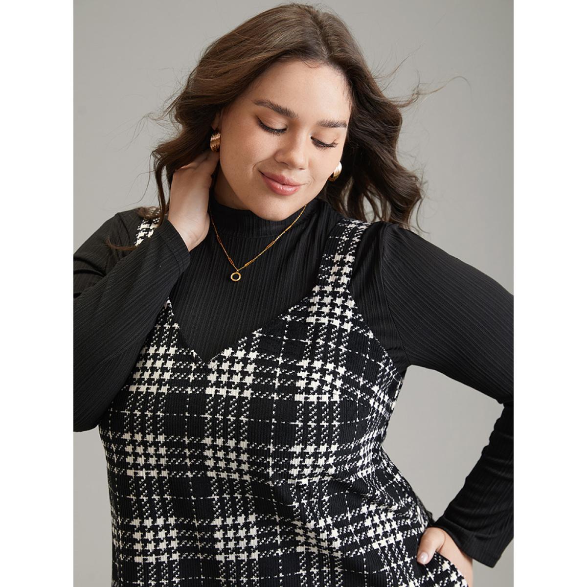 Plus Size Corduroy Plaid Pocket Cami Dress Black Women Elegant Printed Spaghetti Strap Sleeveless Curvy Midi Dress BloomChic 18-20/2X Product Image