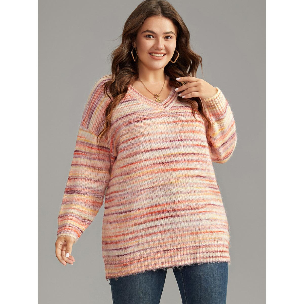 Plus Size Ombre Heather Drop Shoulder Pullover Multicolor Women Casual Loose Long Sleeve V-neck Everyday Pullovers BloomChic 26/4X Product Image