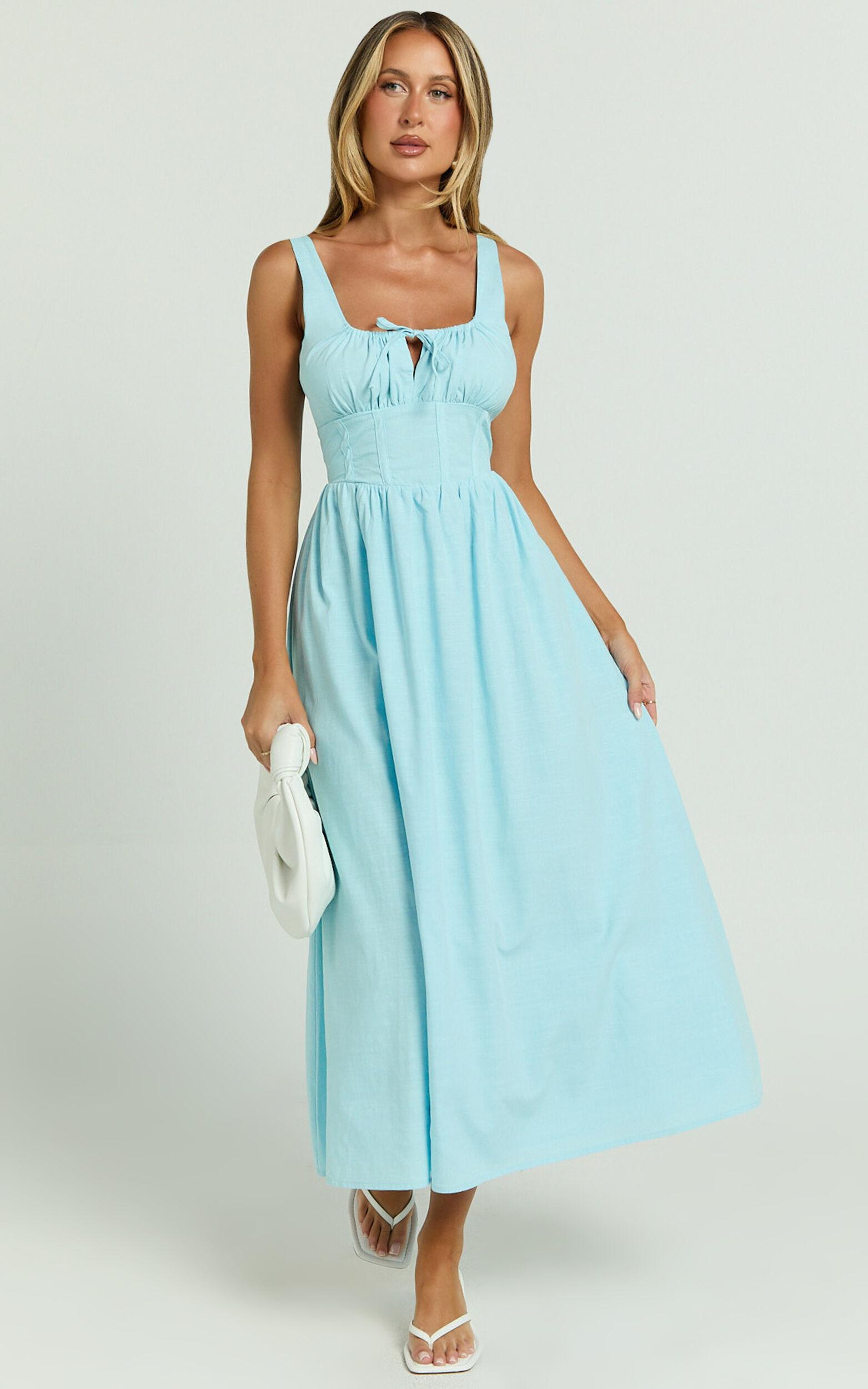 Haylee Midi Dress - Corset Waist Gathered Bust Dress in Blue Product Image