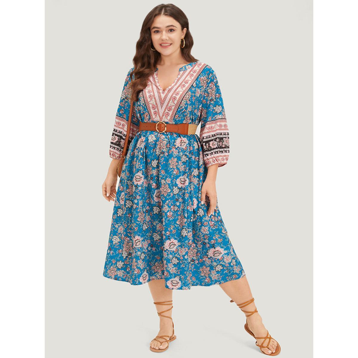 Plus Size Floral Print Notched Lantern Sleeve Contrast Dress Teal Women Vacation Elastic cuffs Notched collar Long Sleeve Curvy Midi Dress BloomChic 28/5X Product Image