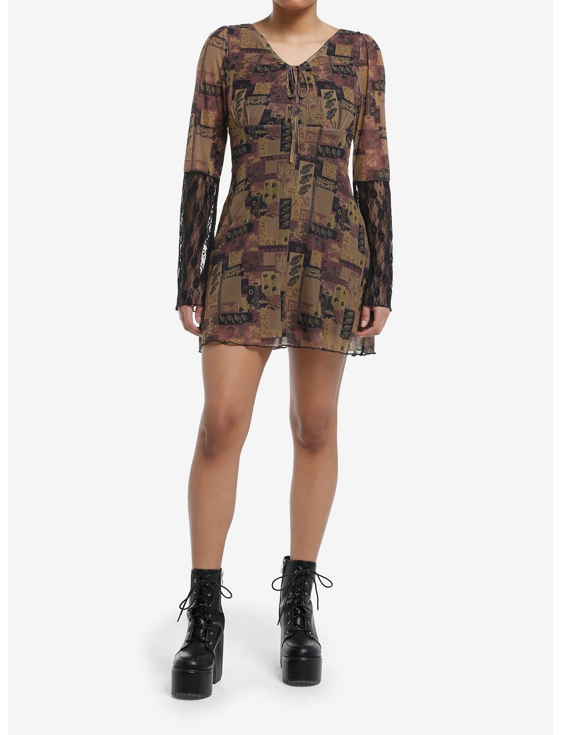Brown Paisley Patchwork Bell Sleeve Dress Product Image