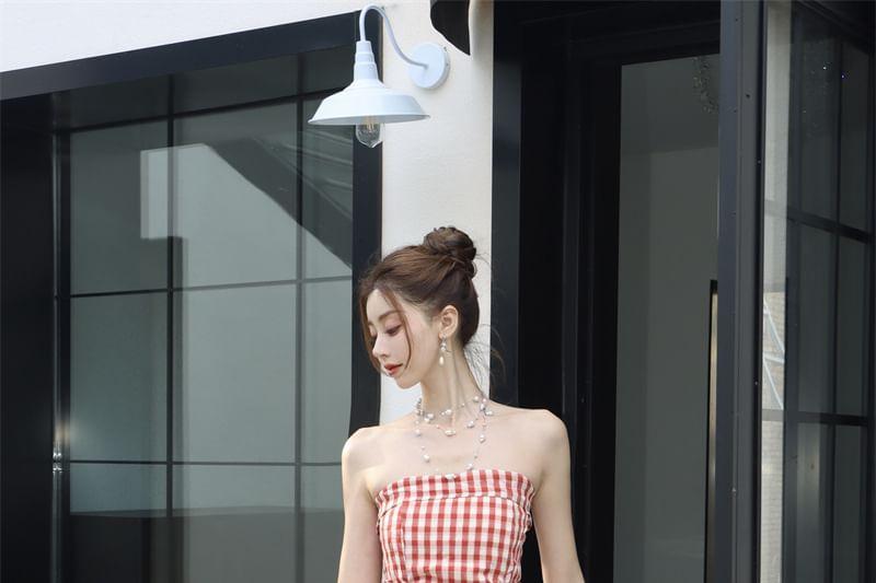 Strapless Gingham Lace Panel Ruched Maxi A-Line Dress Product Image