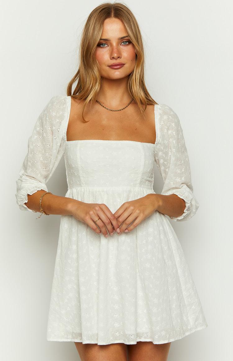 Rubi White Long Sleeve Broderie Mini Dress Product Image