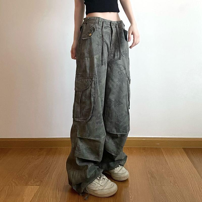 High Rise Camouflage Print Wide Leg Cargo Pants Product Image