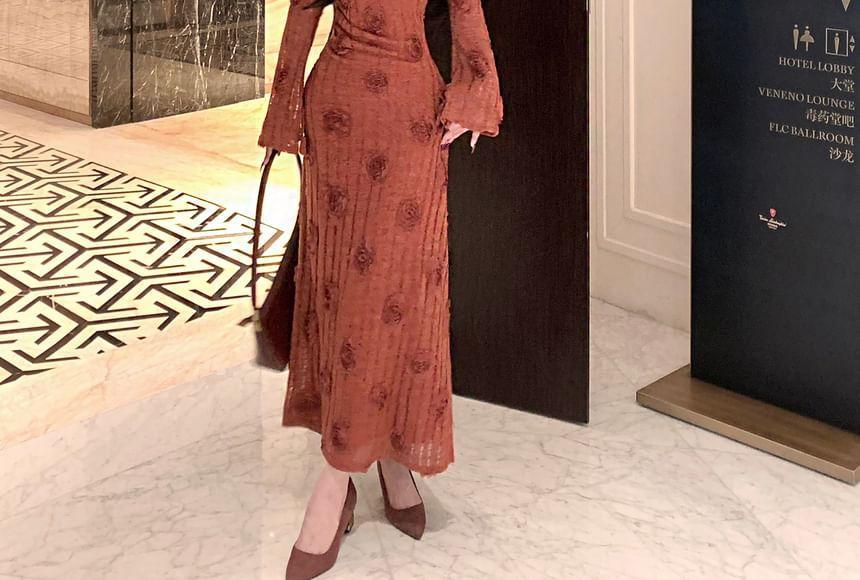 Set: Long-Sleeve Boat Neck Floral Maxi A-Line Dress + Slipdress Product Image