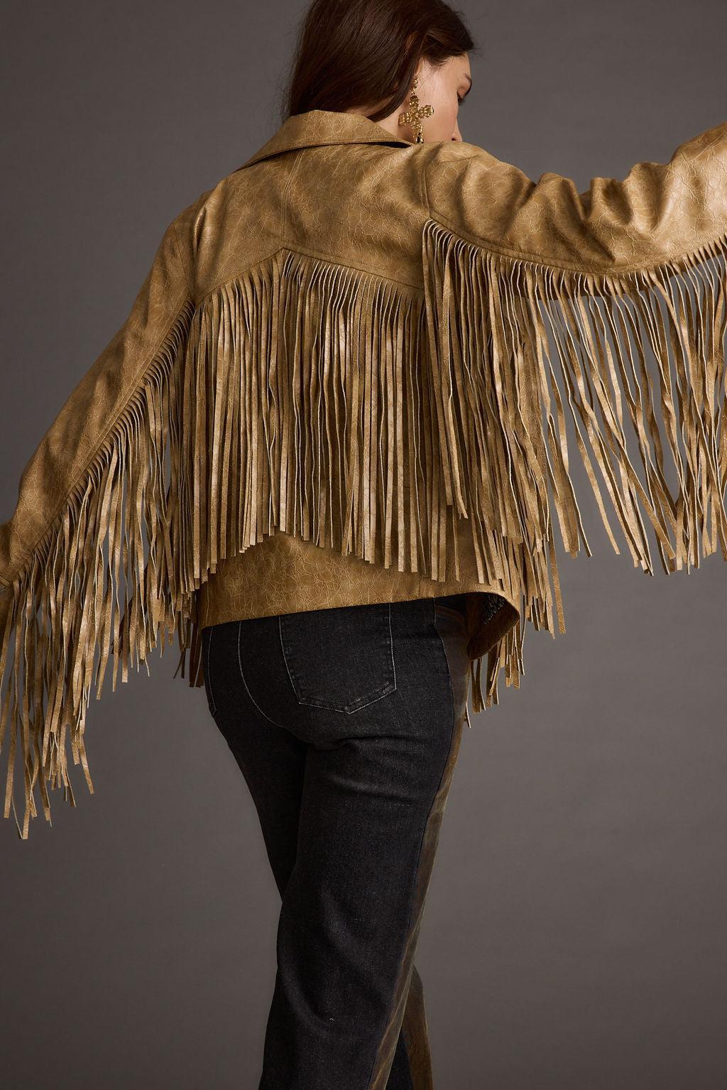 Phoenix Taupe Vegan Leather Moto Fringe Jacket Product Image