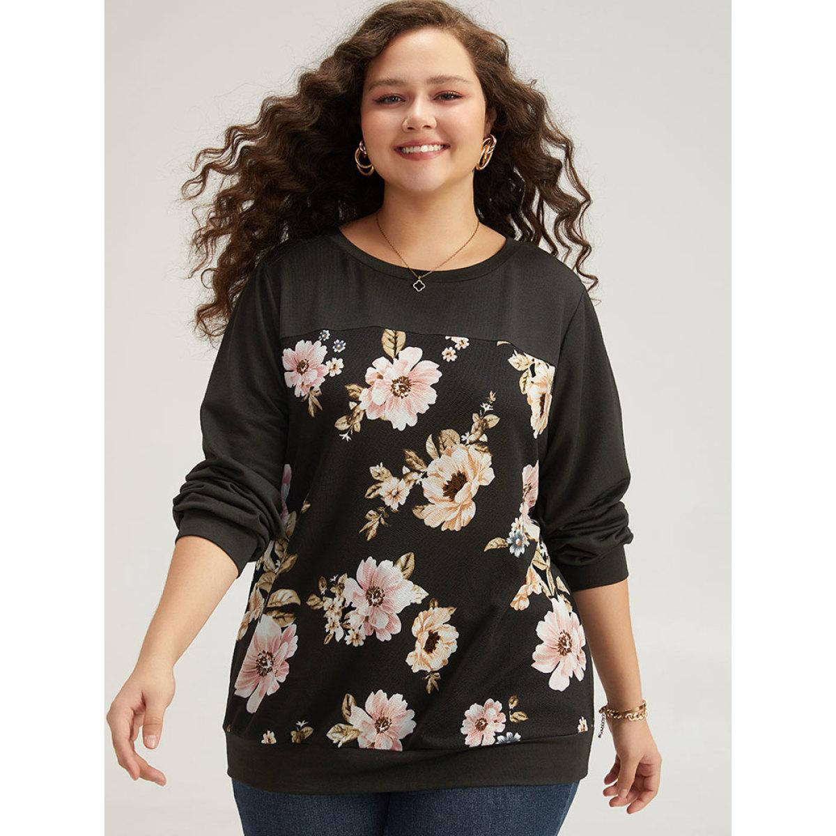 Plus Size Floral Print Patchwork Round Neck Sweatshirt Women Black Elegant Patchwork Round Neck Dailywear Sweatshirts BloomChic 22-24/3X Product Image