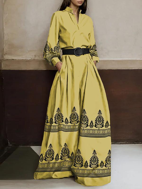 Long Sleeves Loose Buttoned Pleated Pockets Printed Stand Collar Jumpsuits Product Image