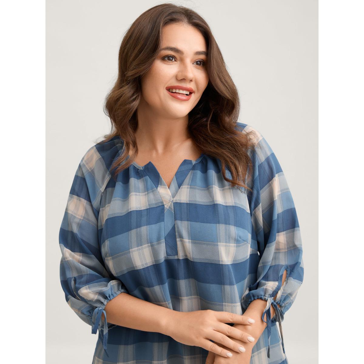 Plus Size Mediumblue Plaid Print Notched Collar Blouse Women Elbow-length sleeve Flat collar with V-notch Everyday-Casual Blouses BloomChic 28/5X Product Image