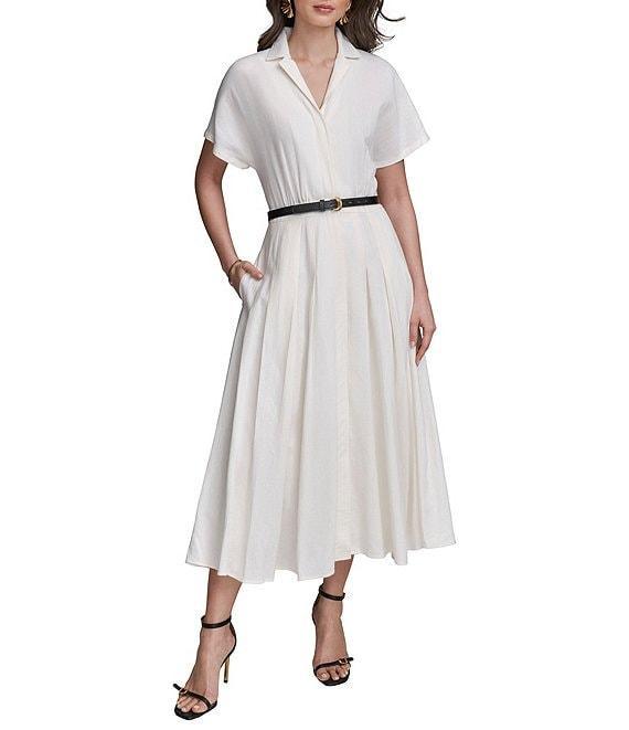 Donna Karan Linen Blend Short Sleeve Belted Midi Shirt Dress Product Image
