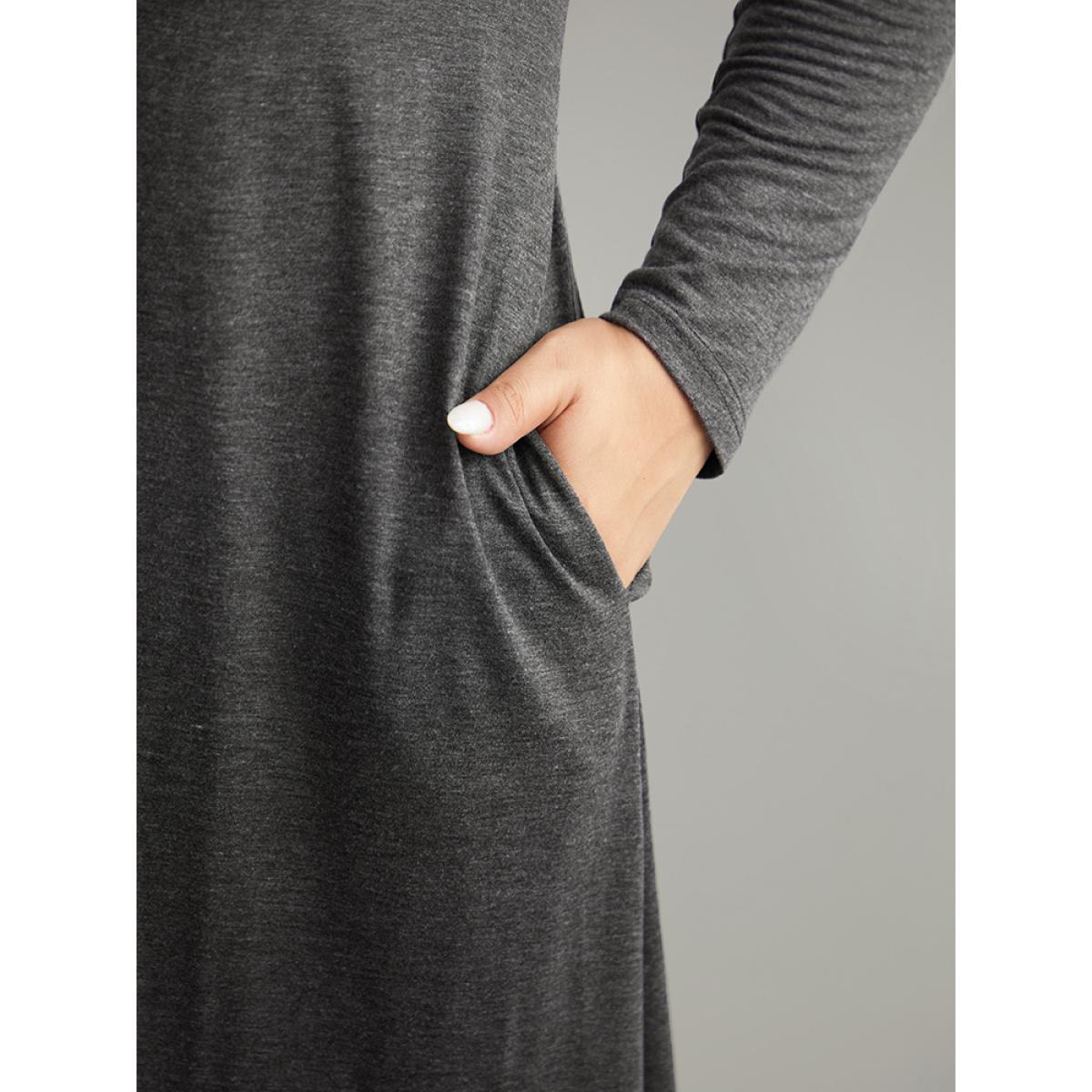 Plus Size Solid Button Up Pocket Dress DimGray Women Basics Non Round Neck Long Sleeve Curvy Midi Dress BloomChic 22-24/3X Product Image