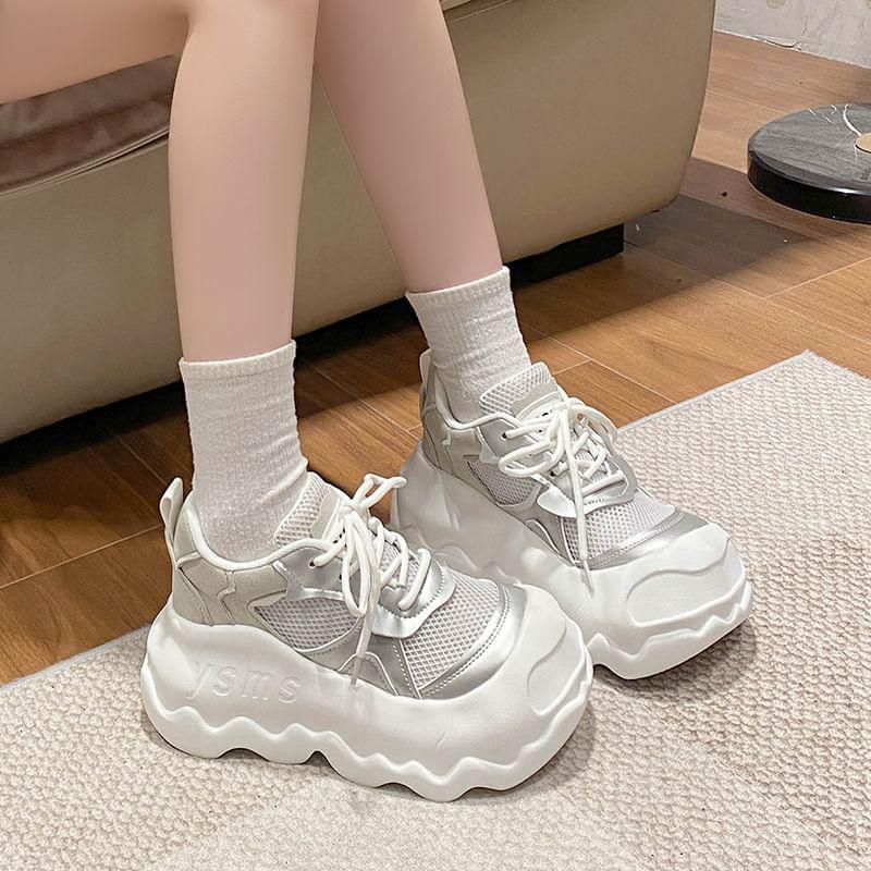 Platform Mesh Panel Lace-Up Faux Leather Sneakers Product Image