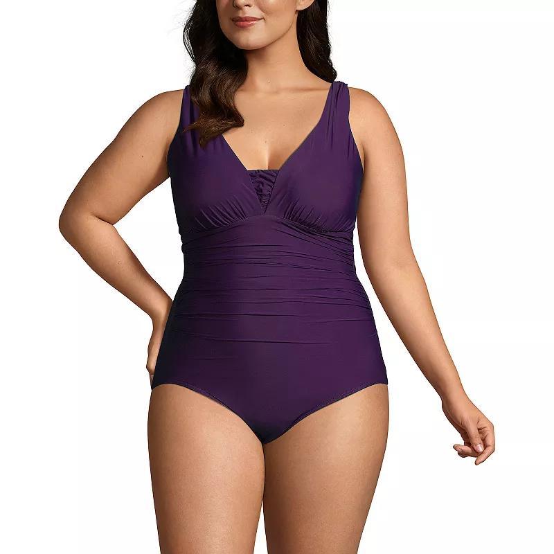 Plus Size Lands' End SlenderSuit Long Torso Grecian Tummy Control One-Piece Swimsuit, Women's, Size: 18 W LONG, Black Product Image