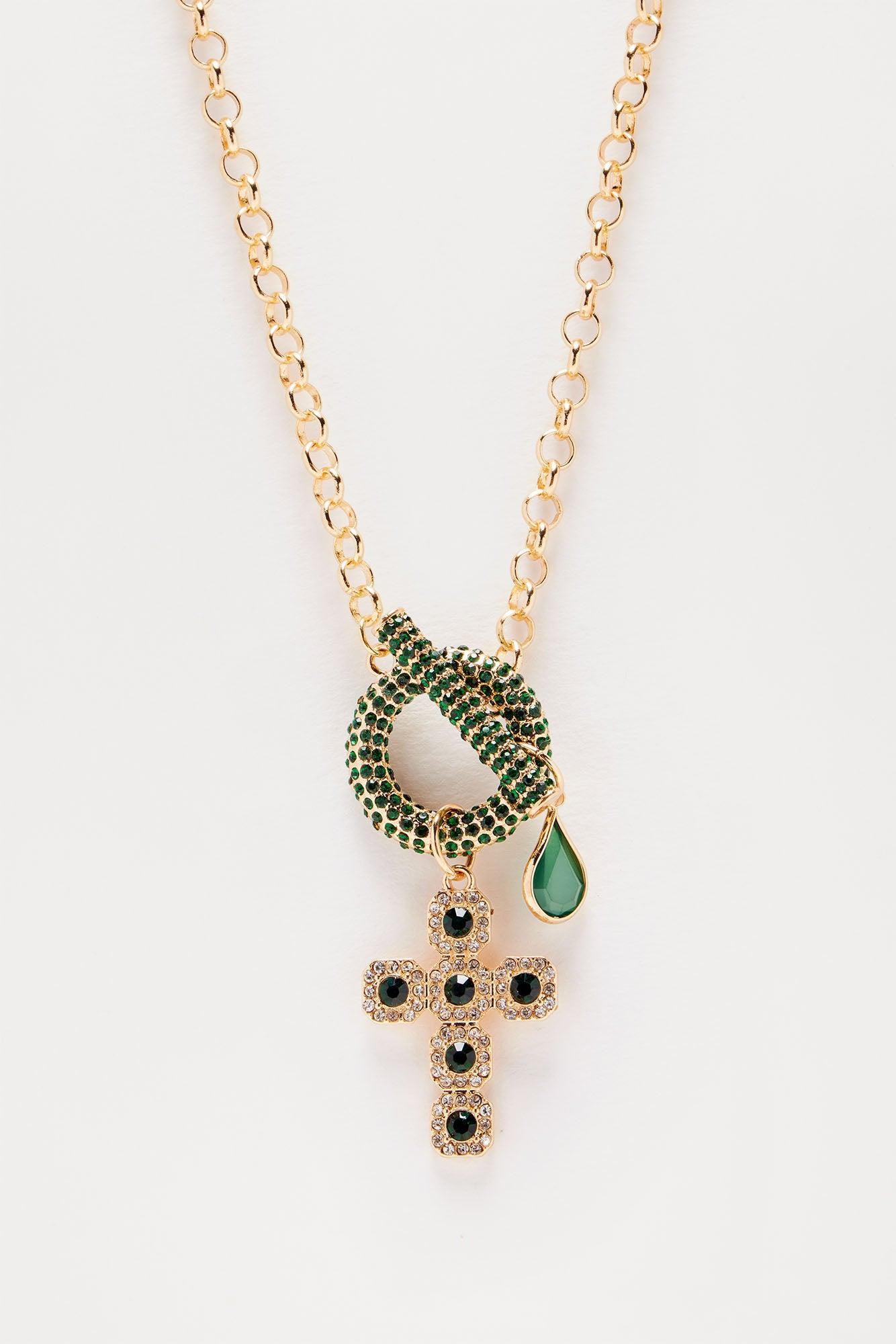 Marie Rhinestone T Bar Chain - Gold/Green Product Image