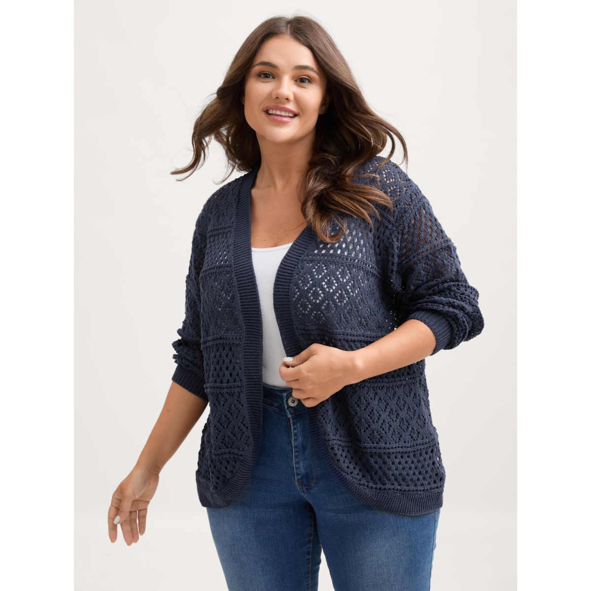 Plus Size Textured Cut-Out Arc Hem Lightweight Cardigan Indigo Women Loose Long Sleeve Everyday-Casual Cardigans BloomChic 30/6X Product Image