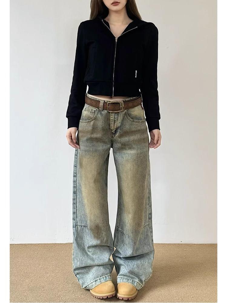 Low Rise Washed Ripped Straight-Fit Wide-Leg Jeans Product Image