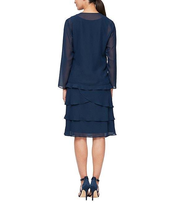 Ignite Evenings Sequin Detail Scoop Neck Long Sleeve Chiffon Tiered 2-Piece Jacket Dress Product Image