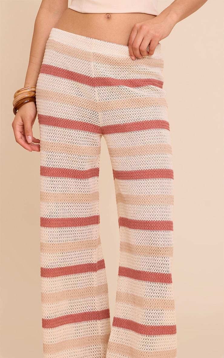 Beige Textured Striped Wide Leg Pants Product Image