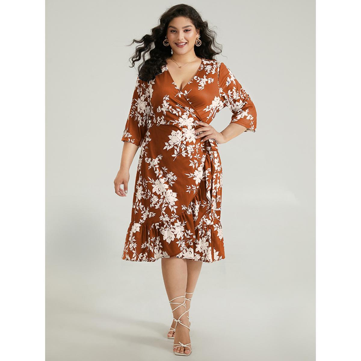 Plus Size Silhouette Floral Print Ties Wrap Dress Rust Women Elegant Cross straps V-neck Elbow-length sleeve Curvy Midi Dress BloomChic 30/6X Product Image