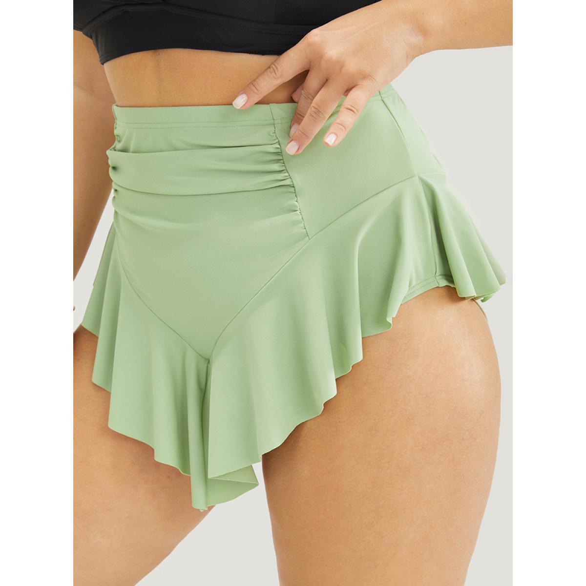 Plus Size Ruffle Trim Ruched Front Swim Bottom Women's Swimwear LightGreen Beach Non High stretch Bodycon High Rise Curve Swim Bottoms BloomChic 26/4X Product Image