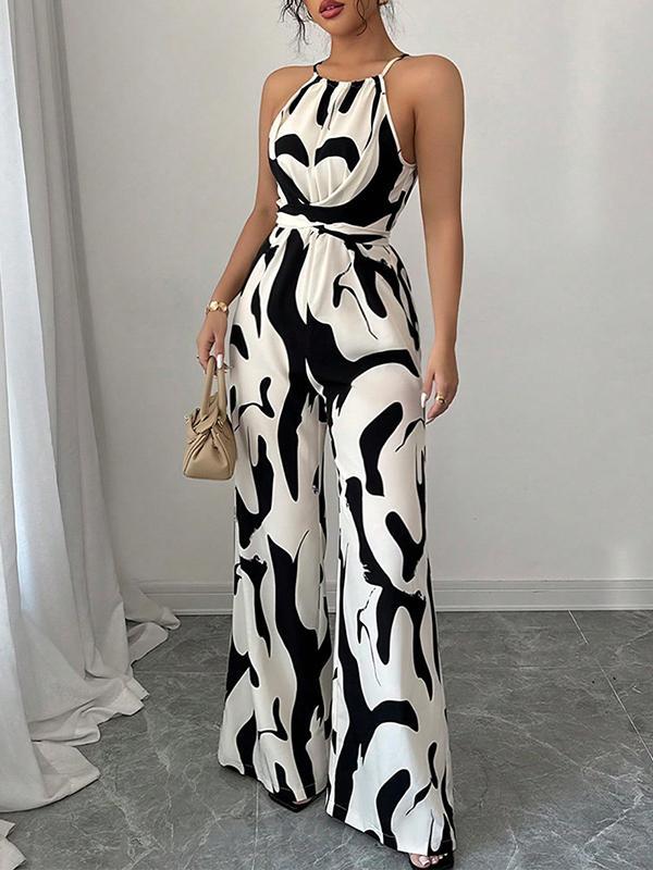 Loose Sleeveless Contrast Color Pleated Spaghetti-Neck Jumpsuits Product Image