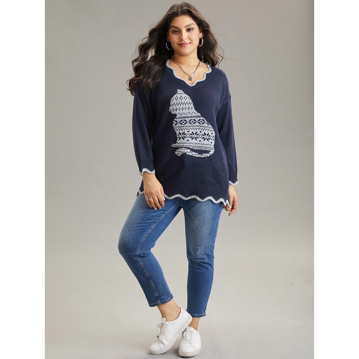 Plus Size Cat Graphic Scalloped Trim Pullover Midnight Women Casual Loose Long Sleeve V-neck Dailywear Pullovers BloomChic 12/L Product Image