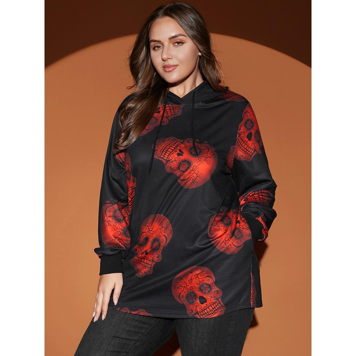 Plus Size Halloween Skull Print Pocket Drawstring Hooded Sweatshirt Women Black Casual Pocket Hooded Dailywear Sweatshirts BloomChic 30/6X Product Image