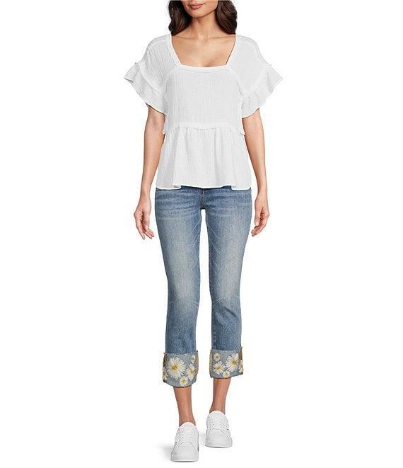 Driftwood Colette Stretch Denim Embroidered Daisy Cuffed Cropped Straight Leg Jeans Product Image