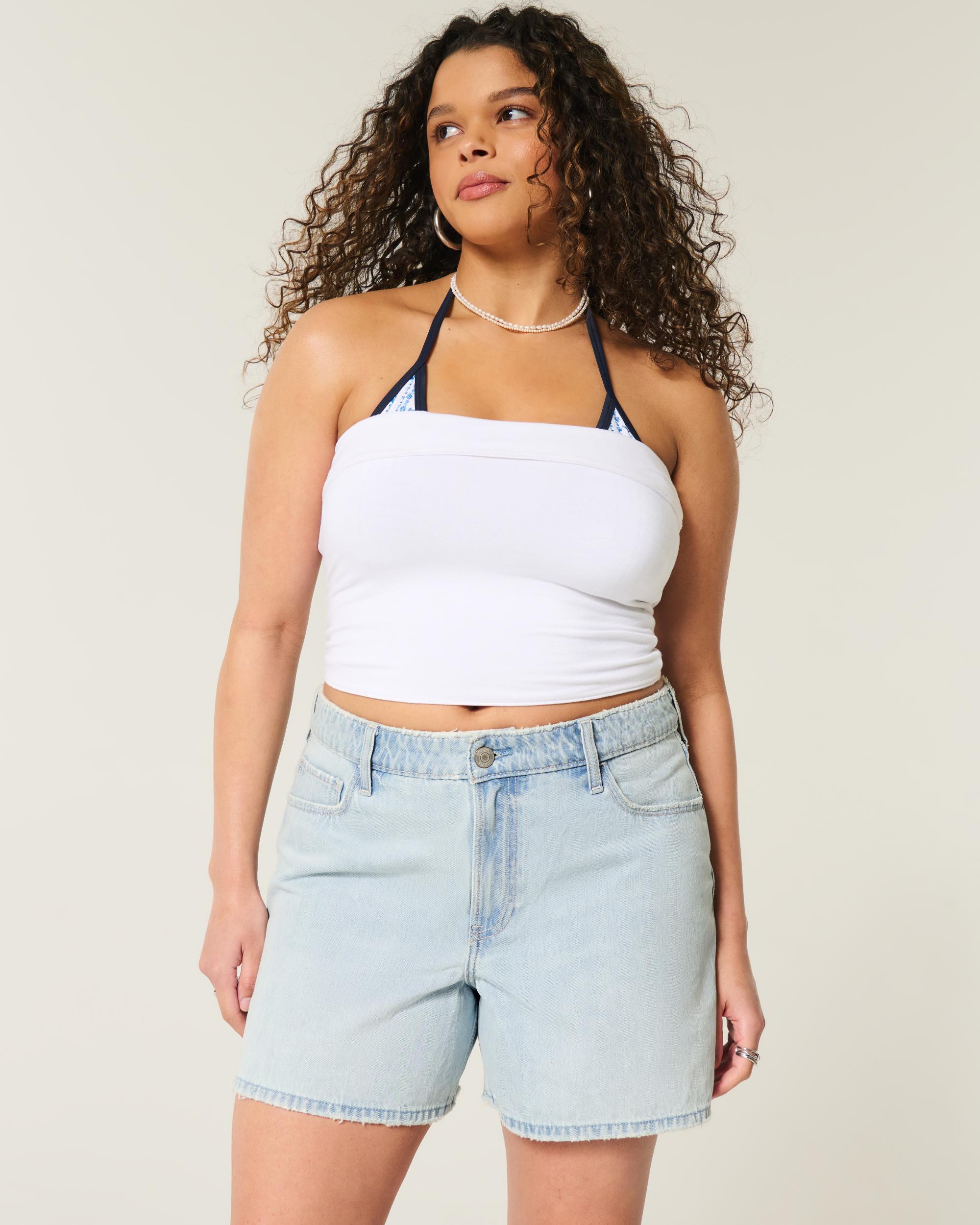 High-Rise Ripped Medium Wash Relaxed Denim Shorts 5" Product Image