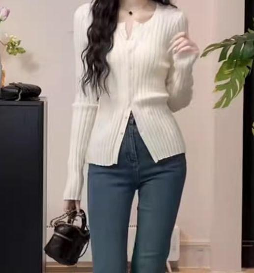 Long-Sleeve Notch Neck Plain Ribbed Button Knit Top Product Image