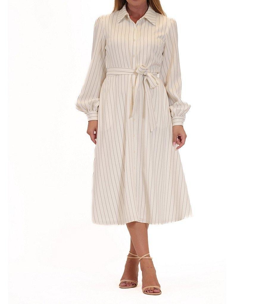 Julia Jordan Point Collar Long Bishop Sleeve Stripe Stretch Crepe A-line Midi Dress Product Image