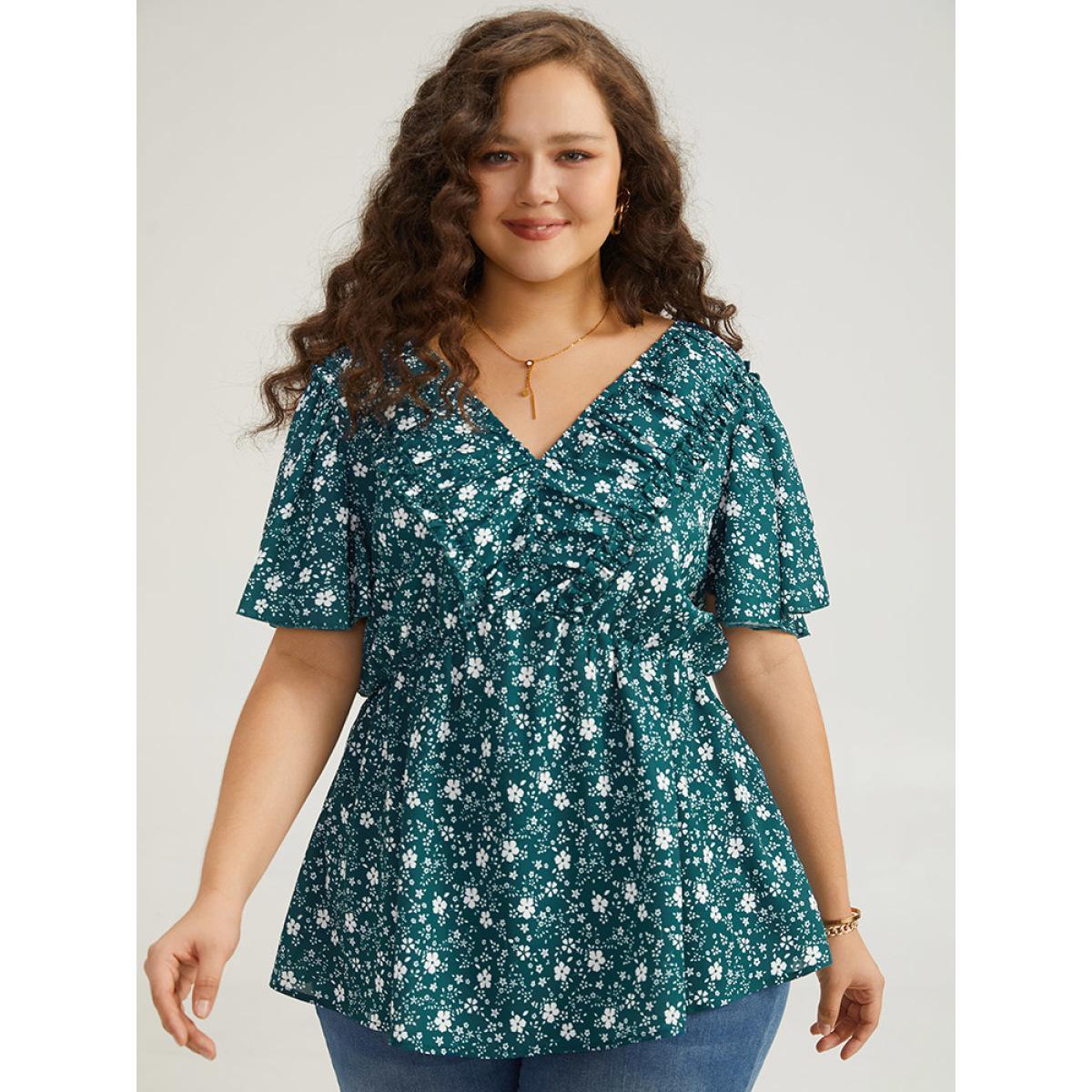 Plus Size Cyan Ditsy Floral Flutter Sleeve Ruched Blouse Women Elegant Short sleeve V-neck Dailywear Blouses BloomChic 28/5X Product Image