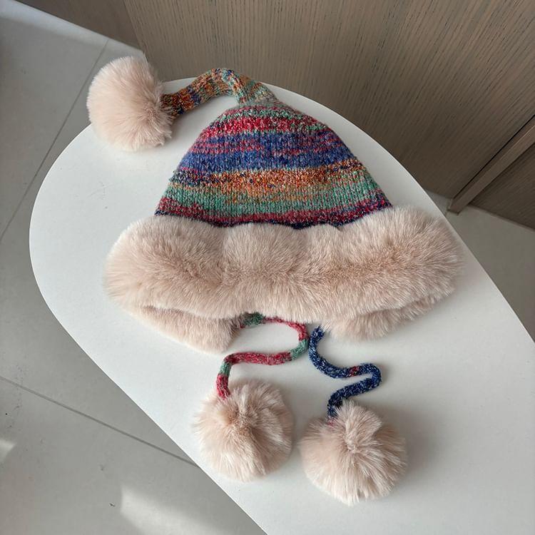 Striped Pom Pom Fluffy Trim Beanie Product Image