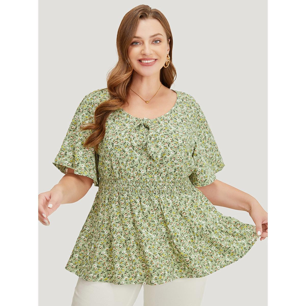 Plus Size Sage Ditsy Floral Knotted Crew Neck Shirred Ruffle Sleeve Blouse Women Elegant Short sleeve Round Neck Dailywear Blouses BloomChic 18-20/2X Product Image