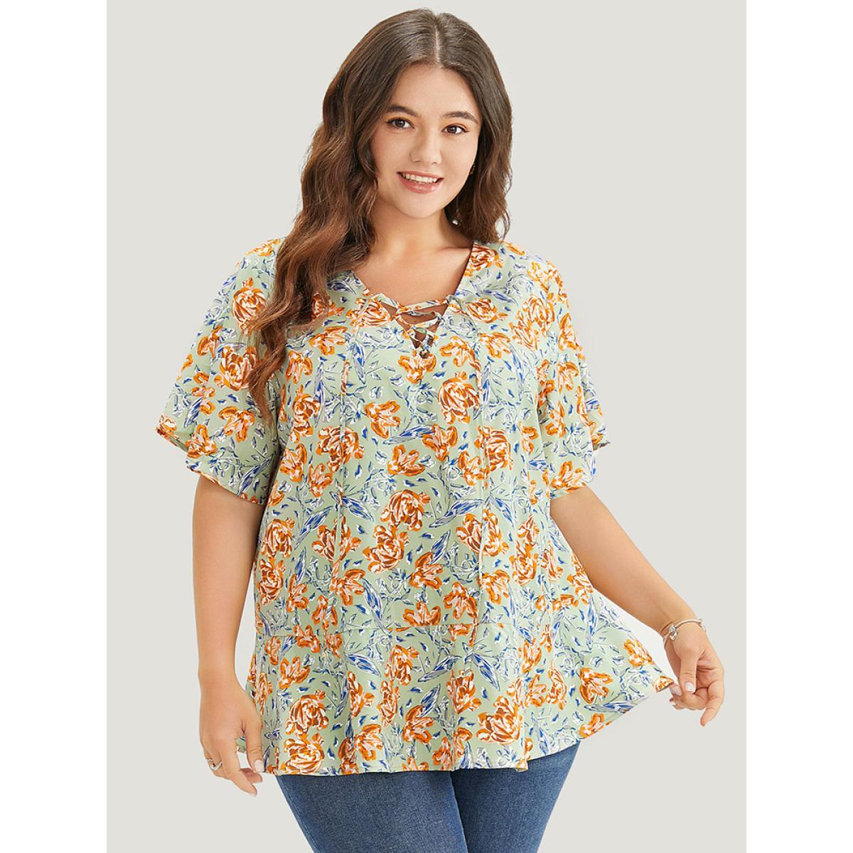 Plus Size Mint Floral Ruffle Sleeve Lace Up V Neck Blouse Women Elegant Short sleeve V-neck Dailywear Blouses BloomChic 12/L Product Image