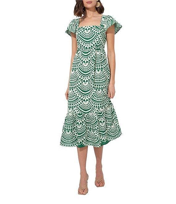 Adelyn Rae Maja Cotton Embroidered Abstract Print Square Neck Short Sleeve A-Line Midi Dress Product Image