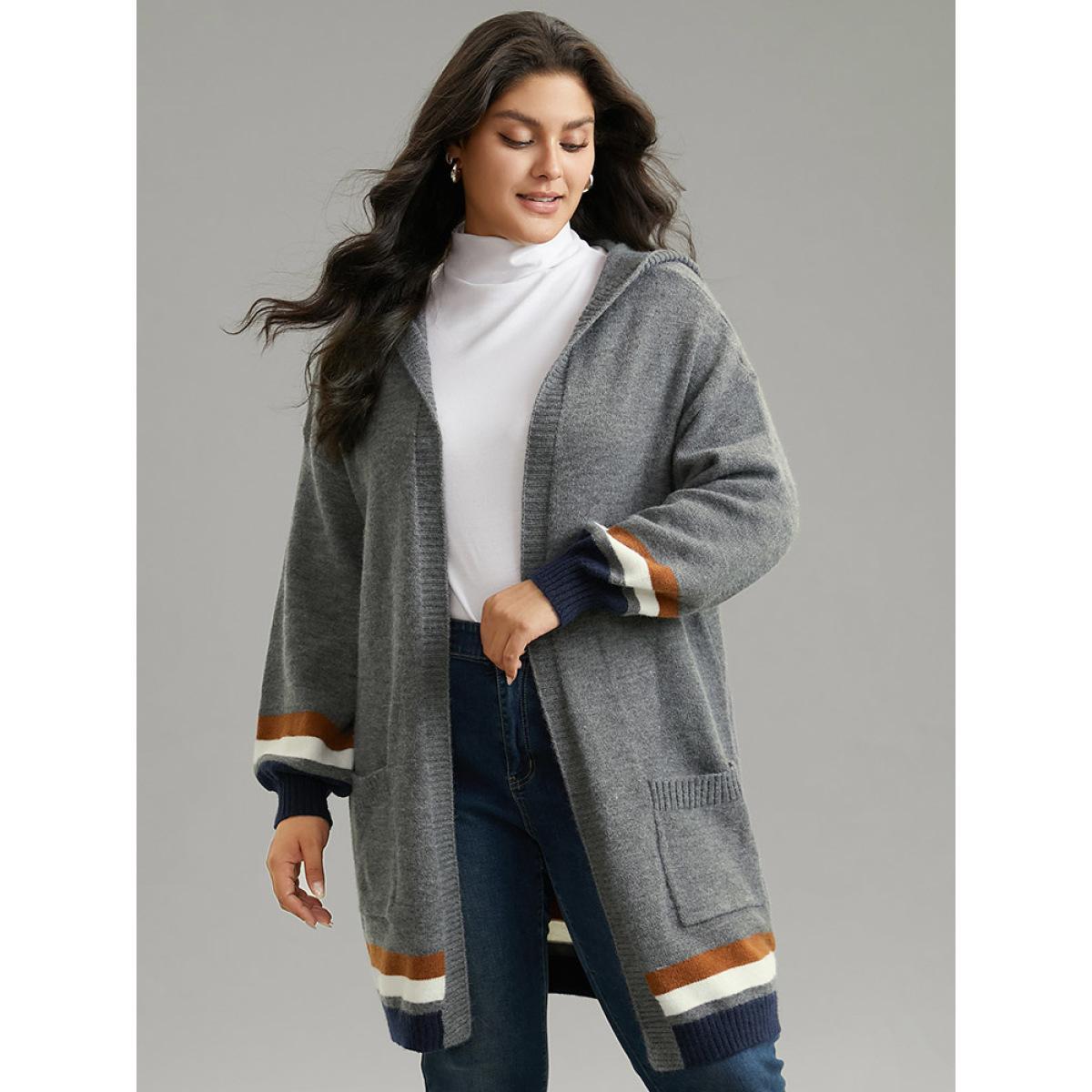 Plus Size Supersoft Essentials Striped Contrast Pocket Hooded Cardigan DimGray Women Casual Loose Long Sleeve Dailywear Cardigans BloomChic 18-20/2X Product Image