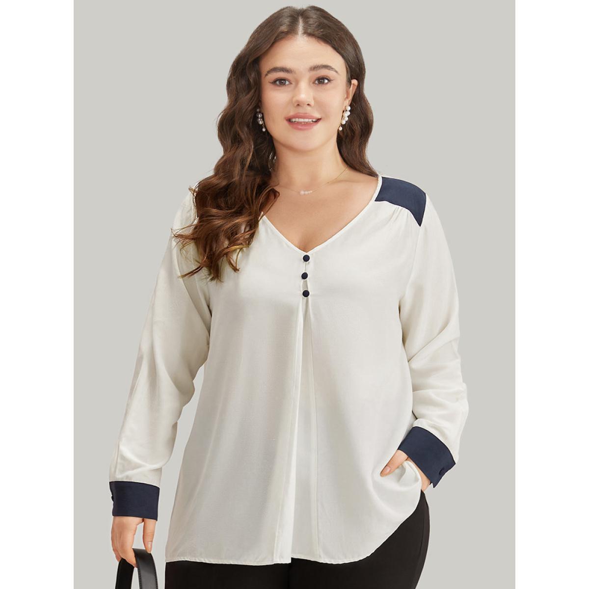 Plus Size Ivory Contrast Patchwork Plicated Button Detail Blouse Women Office Long Sleeve V-neck Work Blouses BloomChic 18-20/2X Product Image