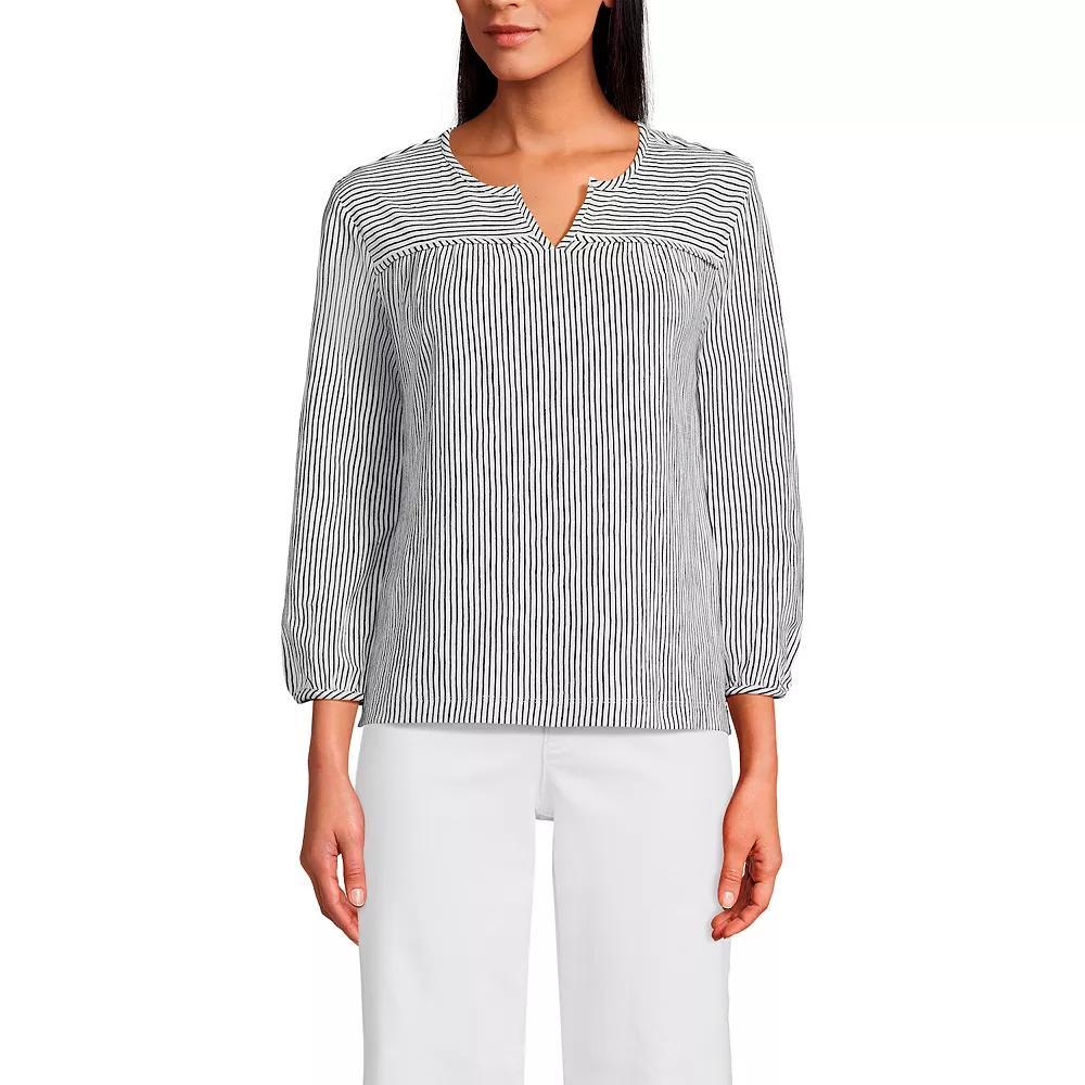 Women's Lands' End 3/4 Sleeve Slub Notch Neck Top, Size: Large, White Green Stripe Product Image