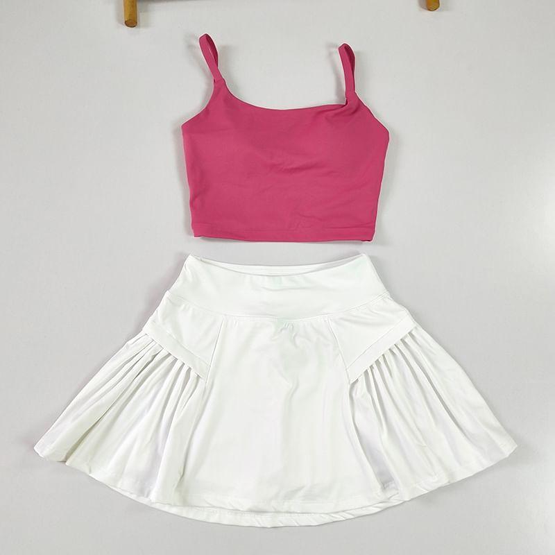 Set: Scoop Neck Plain Padded Crop Sports Camisole Top + High Rise Pleated Mini A-Line Skirt Product Image